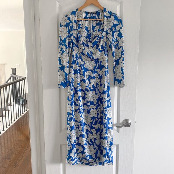 Zara - Blue & White Floral Midi Dress with Slit - Picture 5 of 11